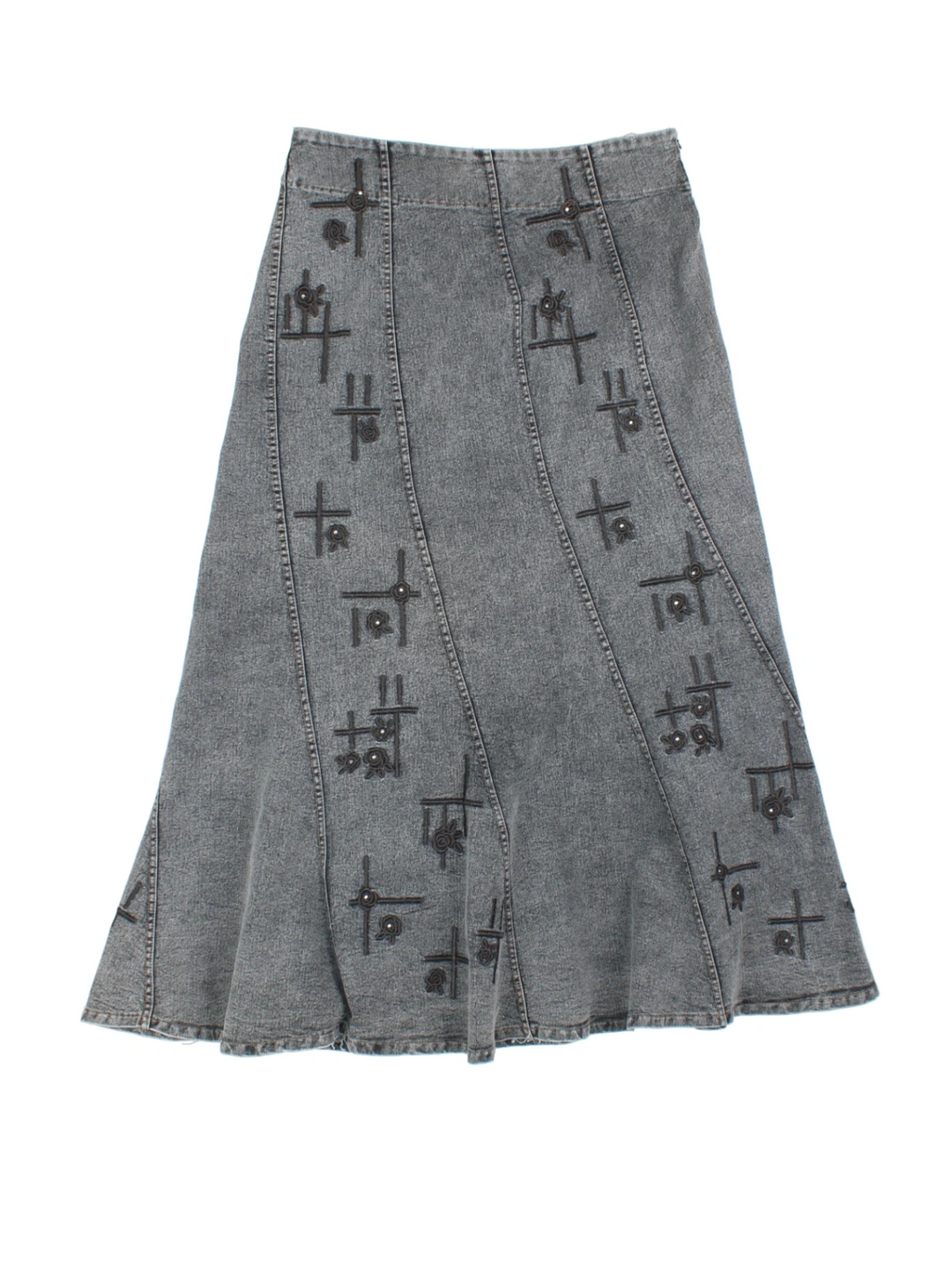 Y2K Embroidered Denim Midi Skirt (Size M) - VintageFolk