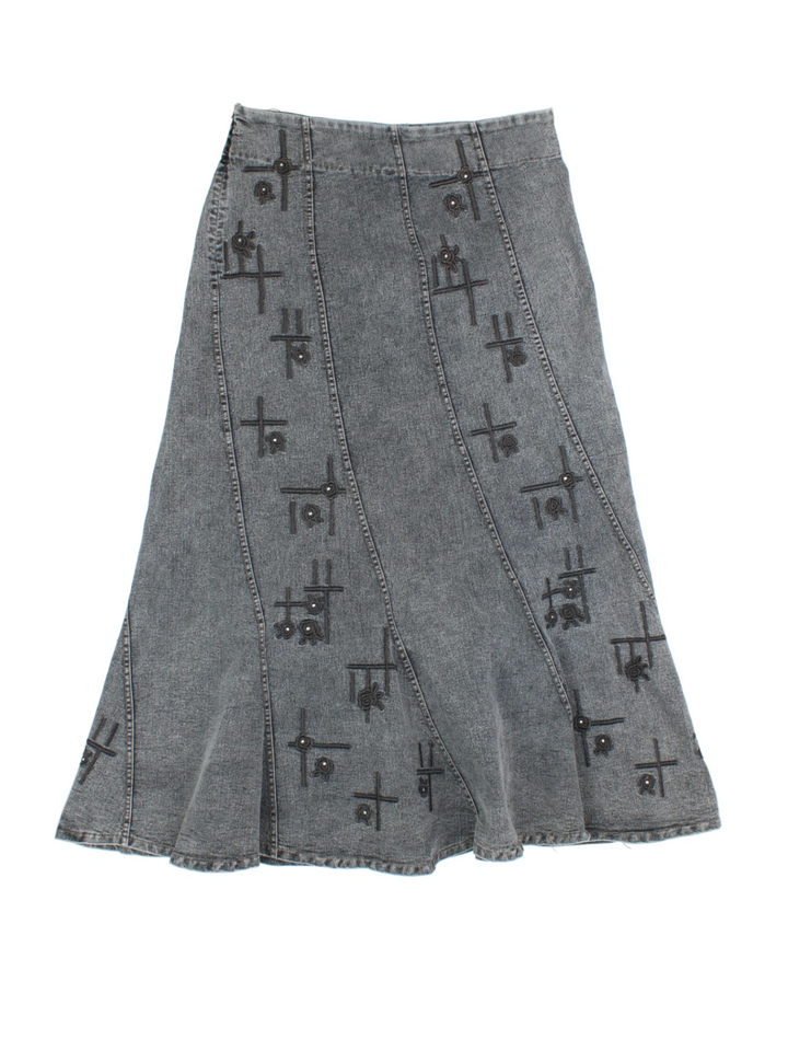 Y2K Embroidered Denim Midi Skirt (Size M) - VintageFolk