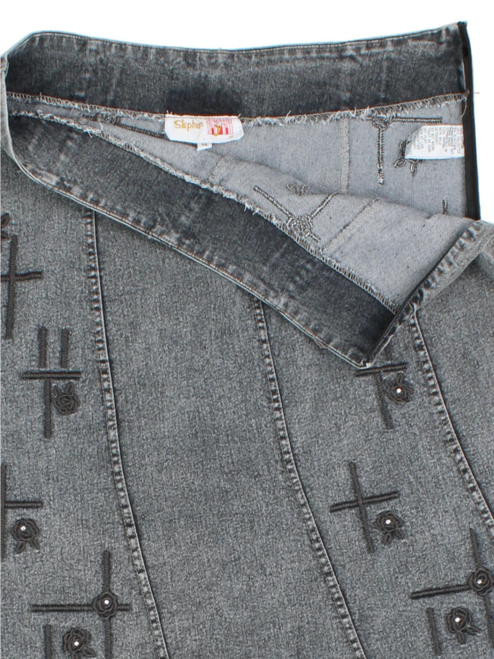 Y2K Embroidered Denim Midi Skirt (Size M) - VintageFolk