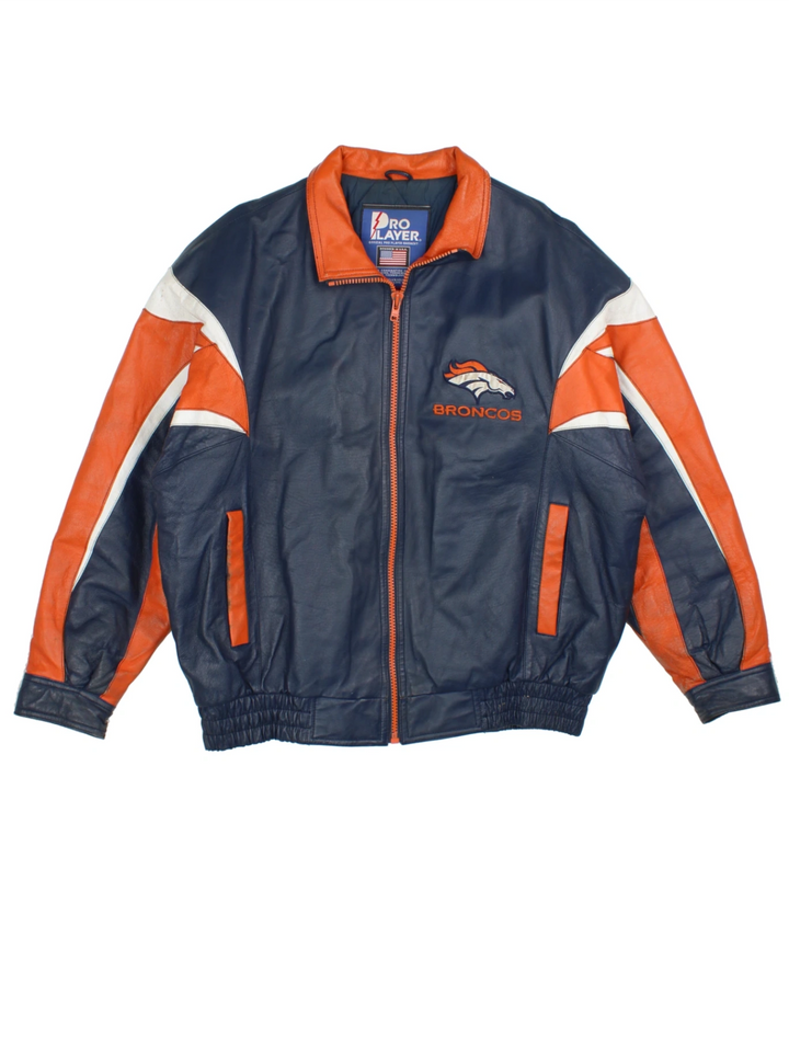 90's NFL Denver Broncos Leather Varsity Jacket (Size XL)