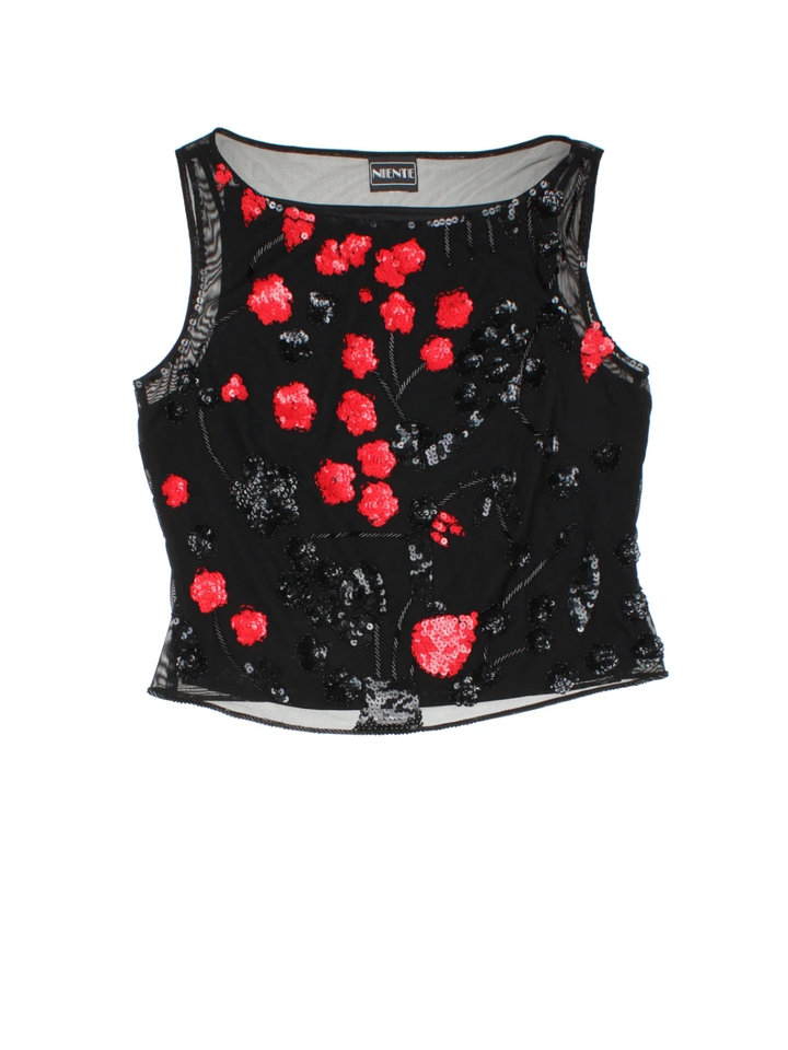 Y2K Mesh Floral Sequin Top (Size S)