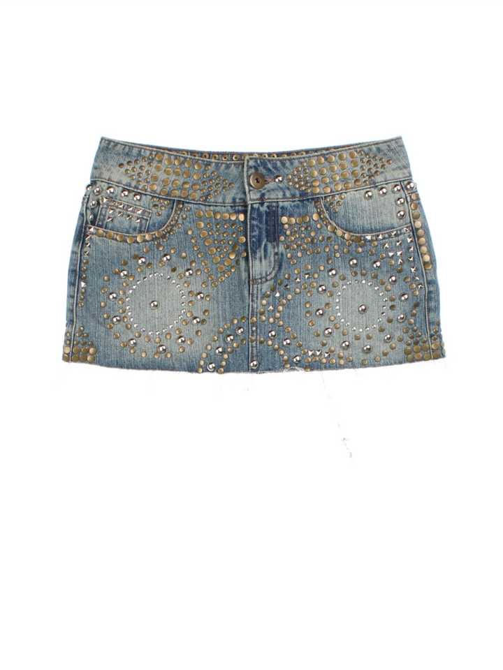 Y2K Heavy Studded Denim Skirt (Size L) - VintageFolk