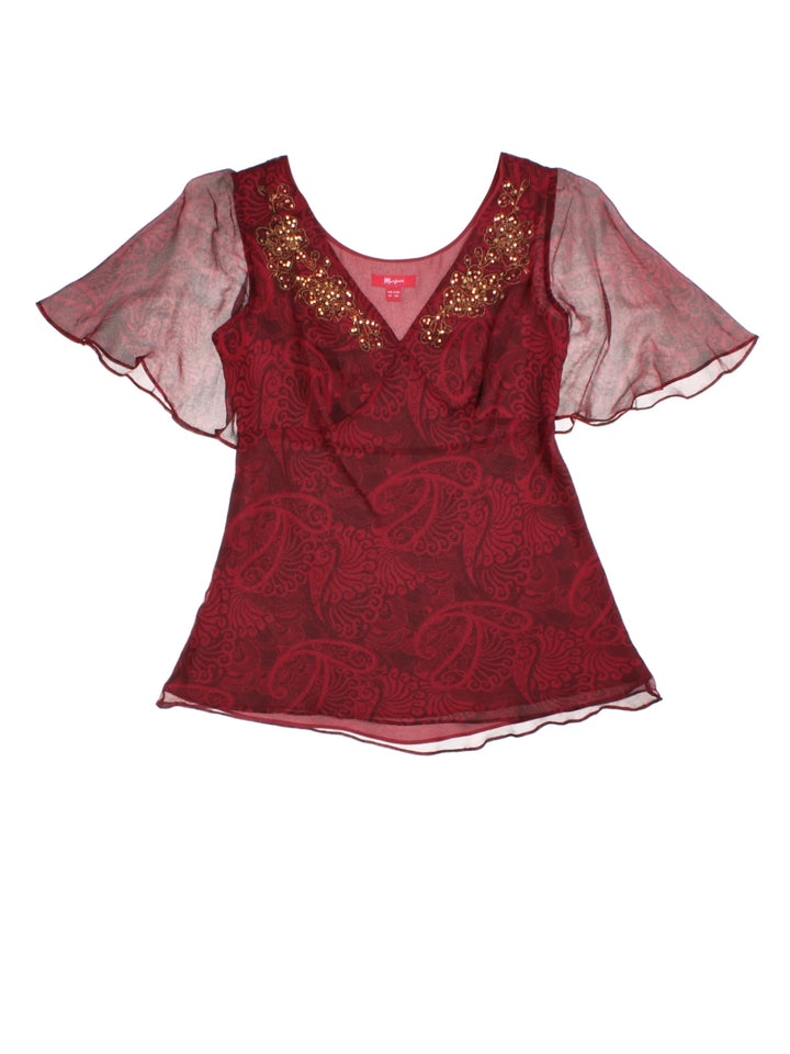 Monsoon Sheer Flutter Sleeve Top (Size XS)