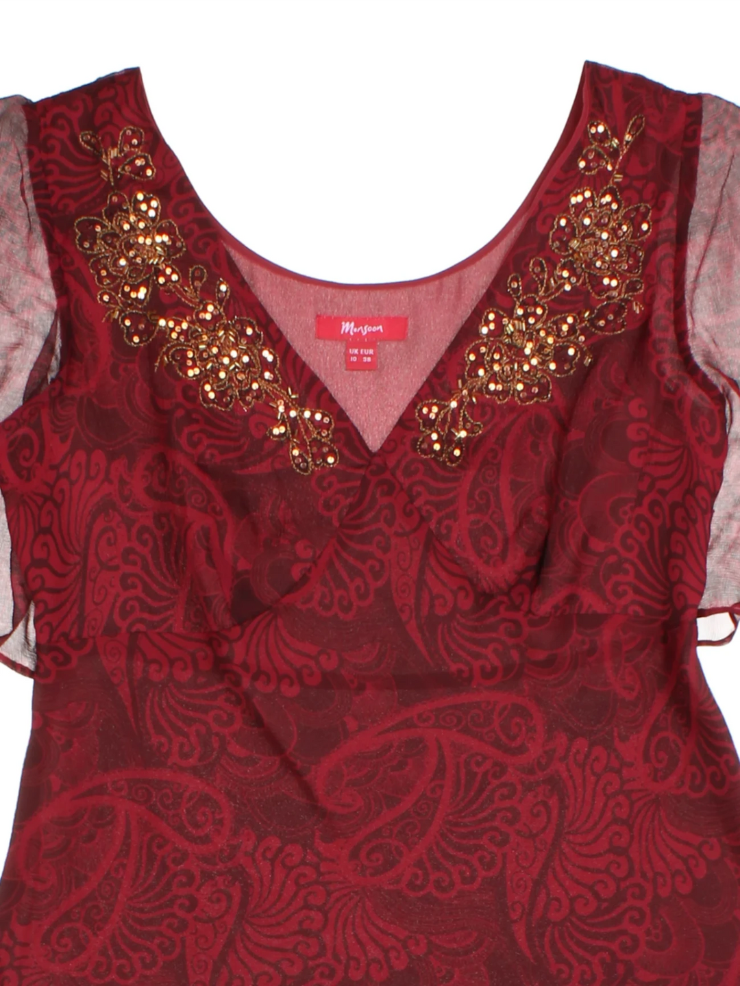 Monsoon Sheer Flutter Sleeve Top (Size XS)