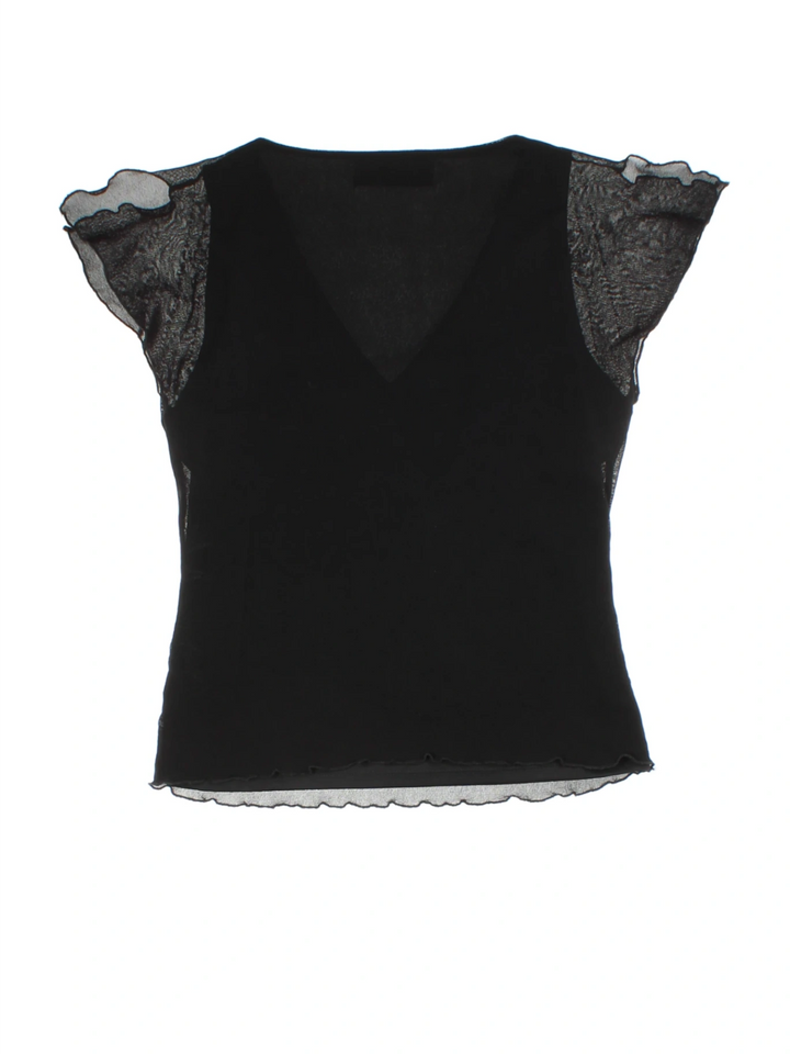 Y2K Black Beaded Mesh Cap Sleeve Top (Size XS)