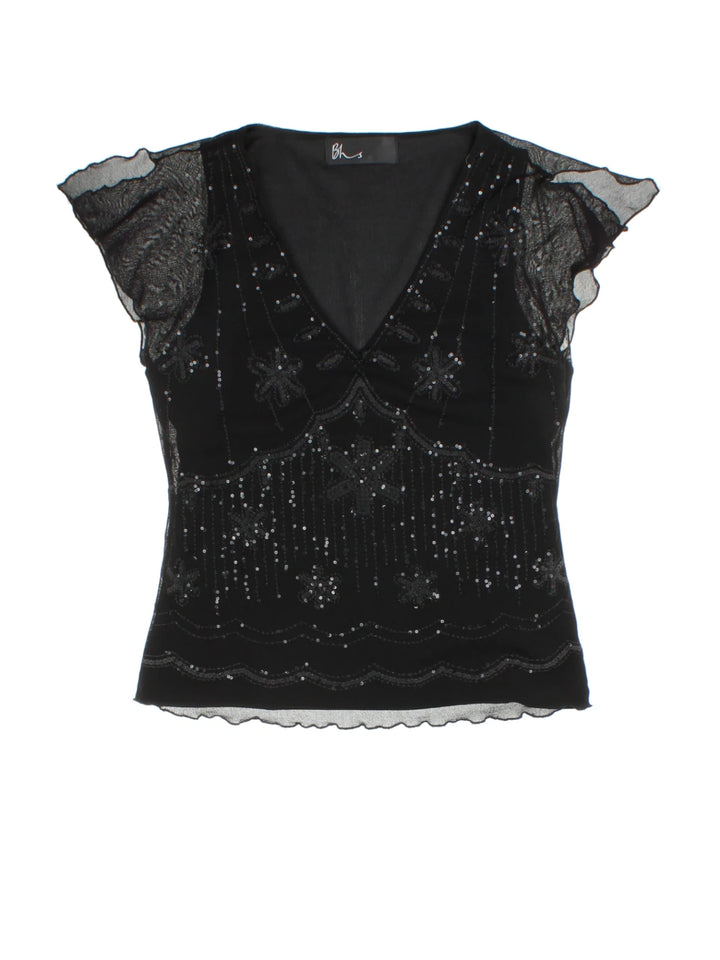 Y2K Black Beaded Mesh Cap Sleeve Top (Size XS)