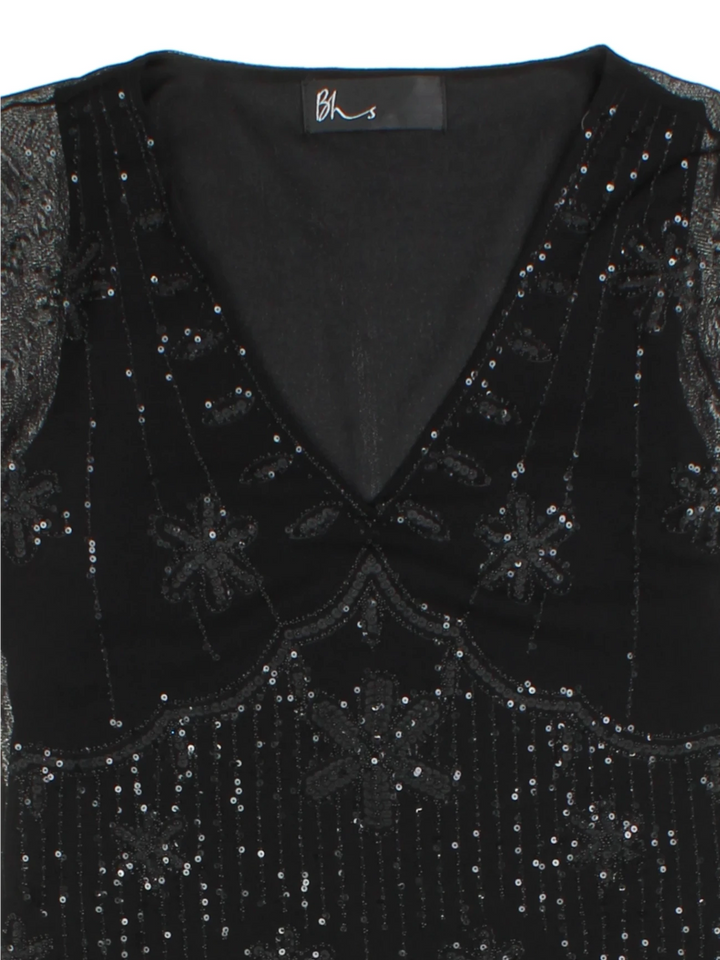 Y2K Black Beaded Mesh Cap Sleeve Top (Size XS)