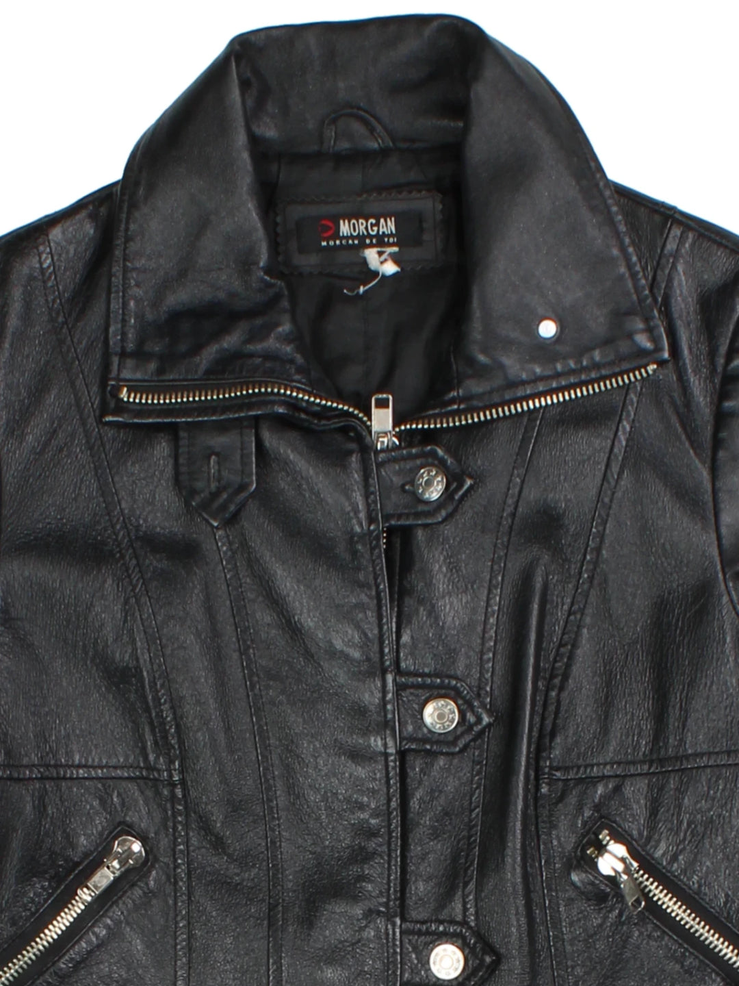 Y2K Morgan Funnel Neck Leather Jacket (Size XS)