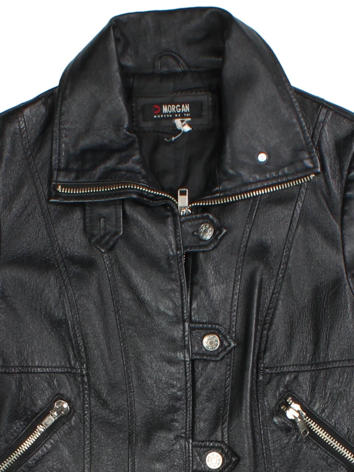Y2K Morgan Funnel Neck Leather Jacket (Size XS)