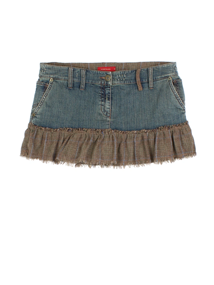 Y2K Denim Ruffle Hem Mini Skirt (Size XXL)