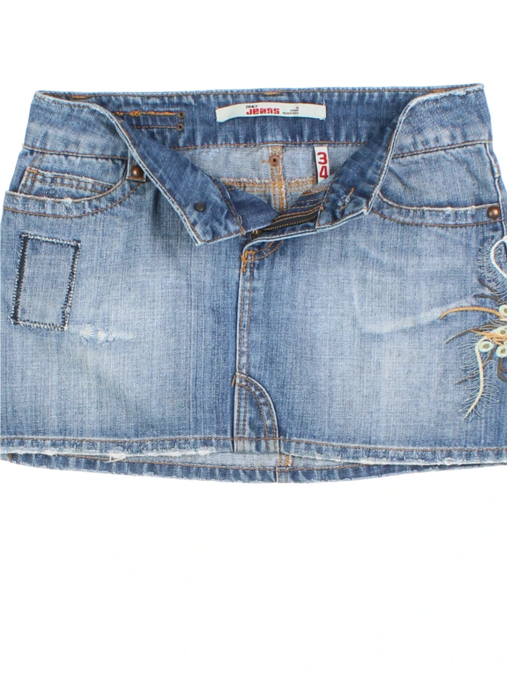 Y2K Embroidered Denim Mini Skirt (Size L)