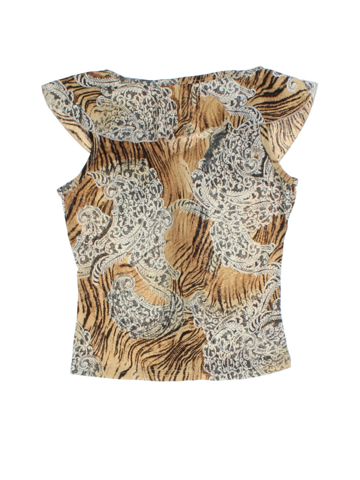 Y2K Vintage Women's Sleeveless Patterned Top Tan (Size XXS)