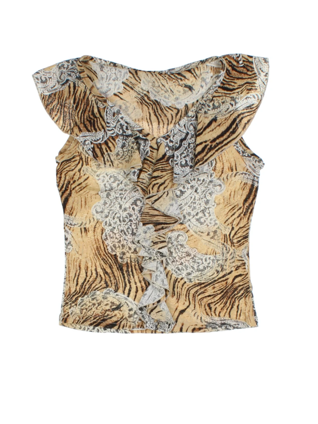 Y2K Vintage Women's Sleeveless Patterned Top Tan (Size XXS)