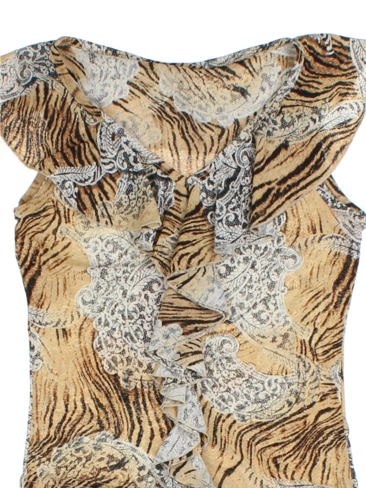 Y2K Vintage Women's Sleeveless Patterned Top Tan (Size XXS)