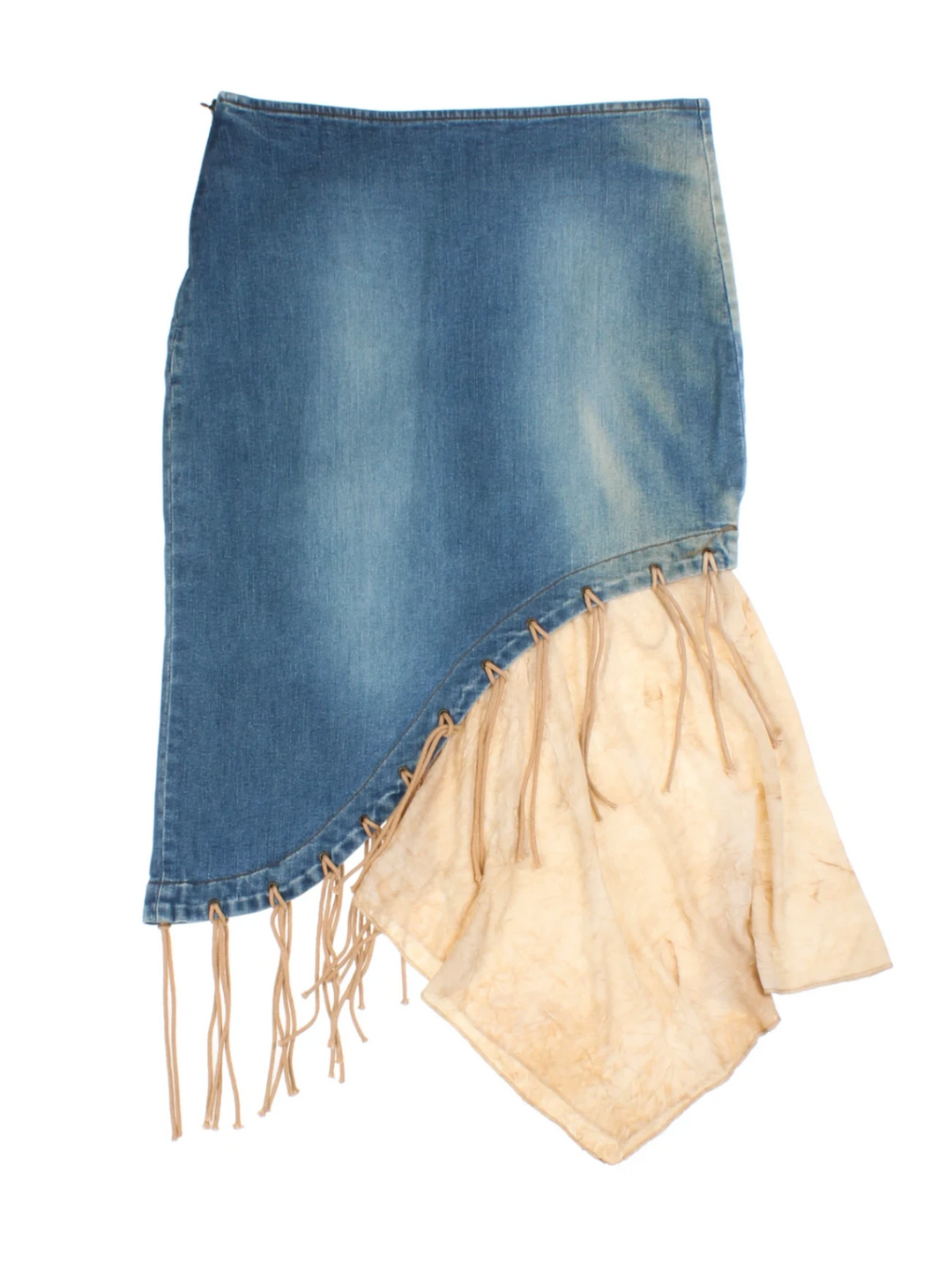 Y2K Fringe Denim Midi Skirts (Size L)
