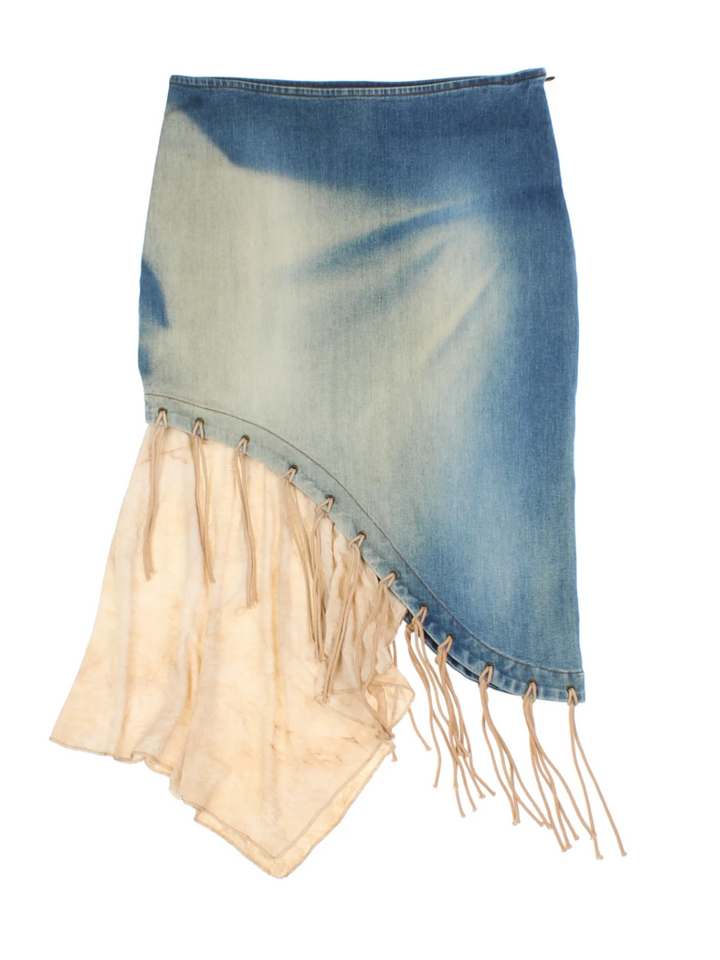 Y2K Fringe Denim Midi Skirts (Size L)