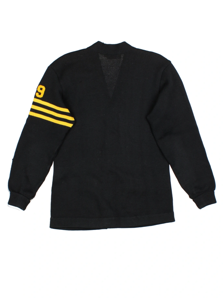 80's Black Varsity Patch Wool Cardigan (Size S)