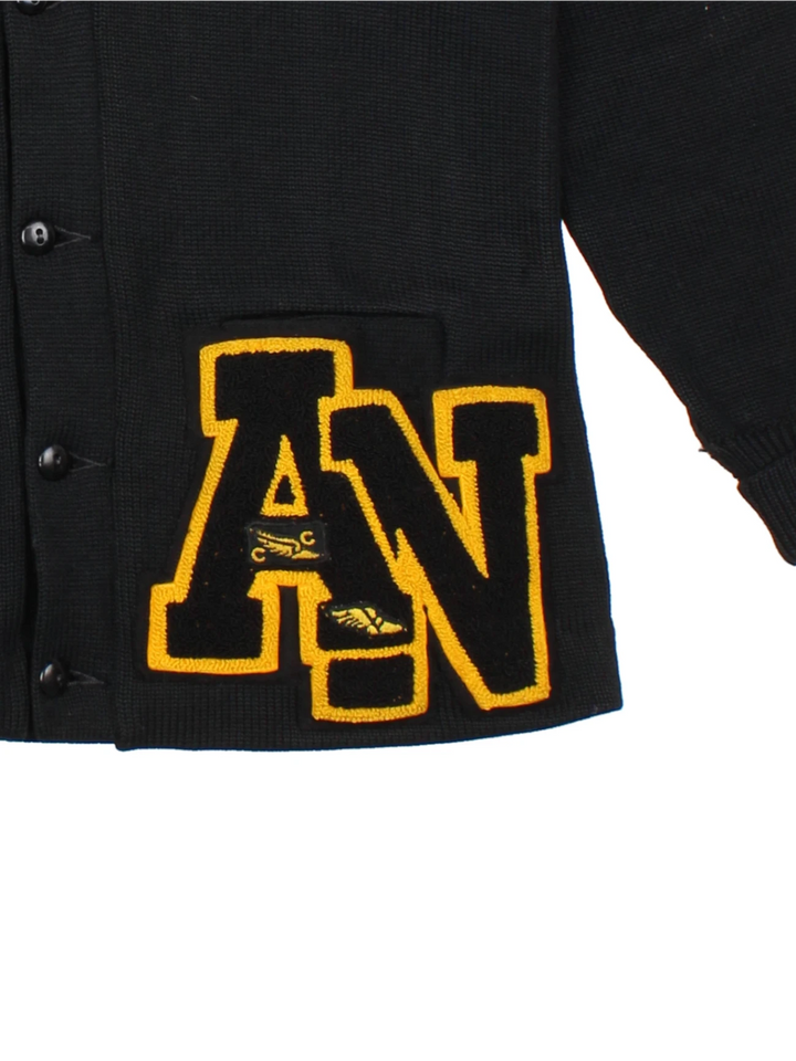 80's Black Varsity Patch Wool Cardigan (Size S)