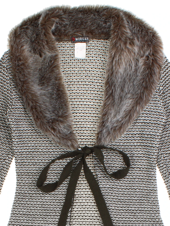 Y2K Morgan Faux Fur Collar Knit Cardigan (Size S)