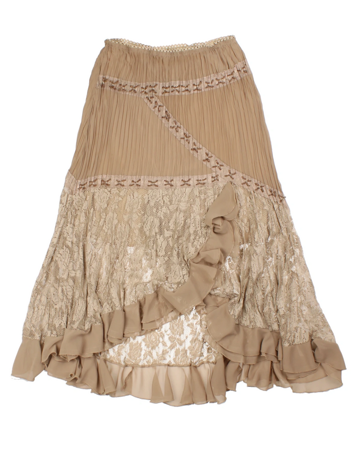 Y2K Tan Lace Layered Midi Skirt (Size M)