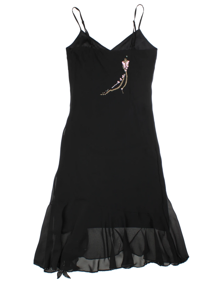 Y2K Black Layered Beaded Slip Midi Dress (Size S)
