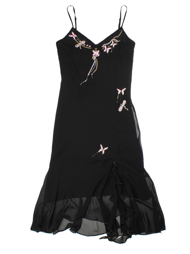 Y2K Black Layered Beaded Slip Midi Dress (Size S)