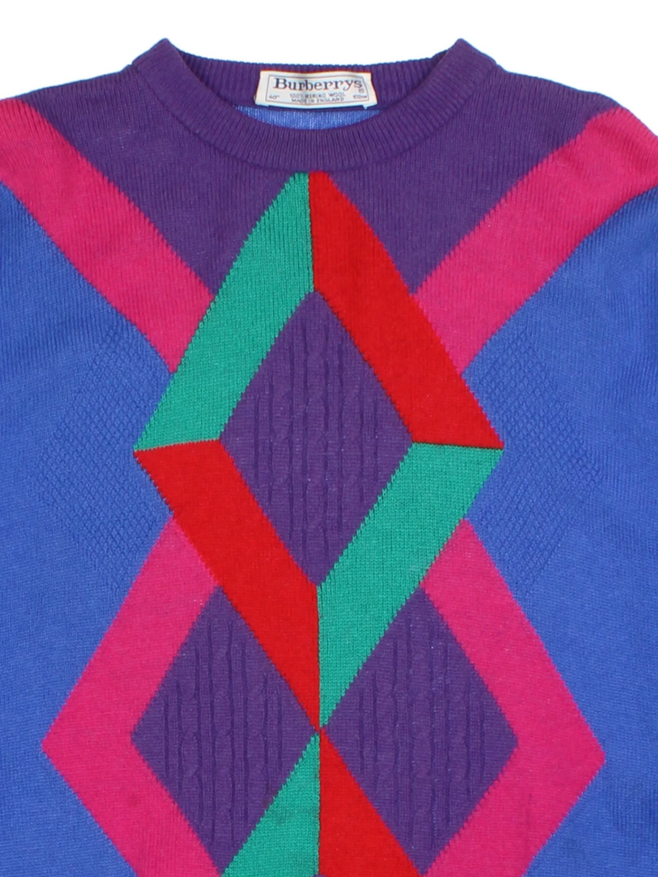 Burberry Blue Geometric Merino Wool Jumper (Size L)