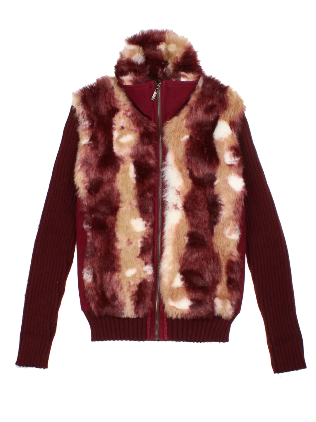 Y2K Burgundy Faux Fur Ribbed Funnel Neck Cardigan (Size M)