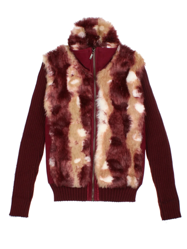 Y2K Burgundy Faux Fur Ribbed Funnel Neck Cardigan (Size M)