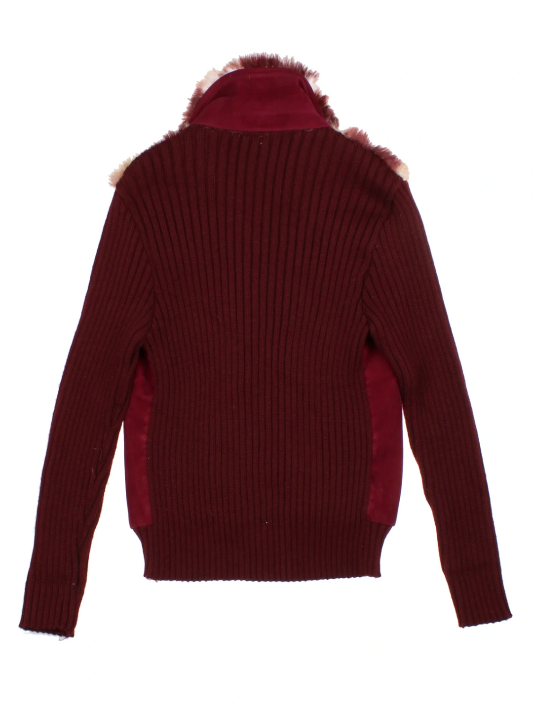 Y2K Burgundy Faux Fur Ribbed Funnel Neck Cardigan (Size M)
