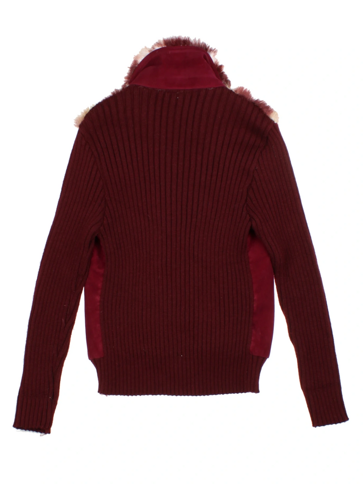 Y2K Burgundy Faux Fur Ribbed Funnel Neck Cardigan (Size M)