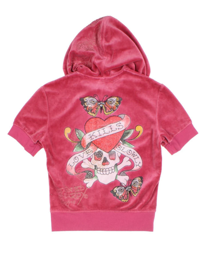 Y2K Ed Hardy Pink Graphic Velour Co-Ord (Size S)