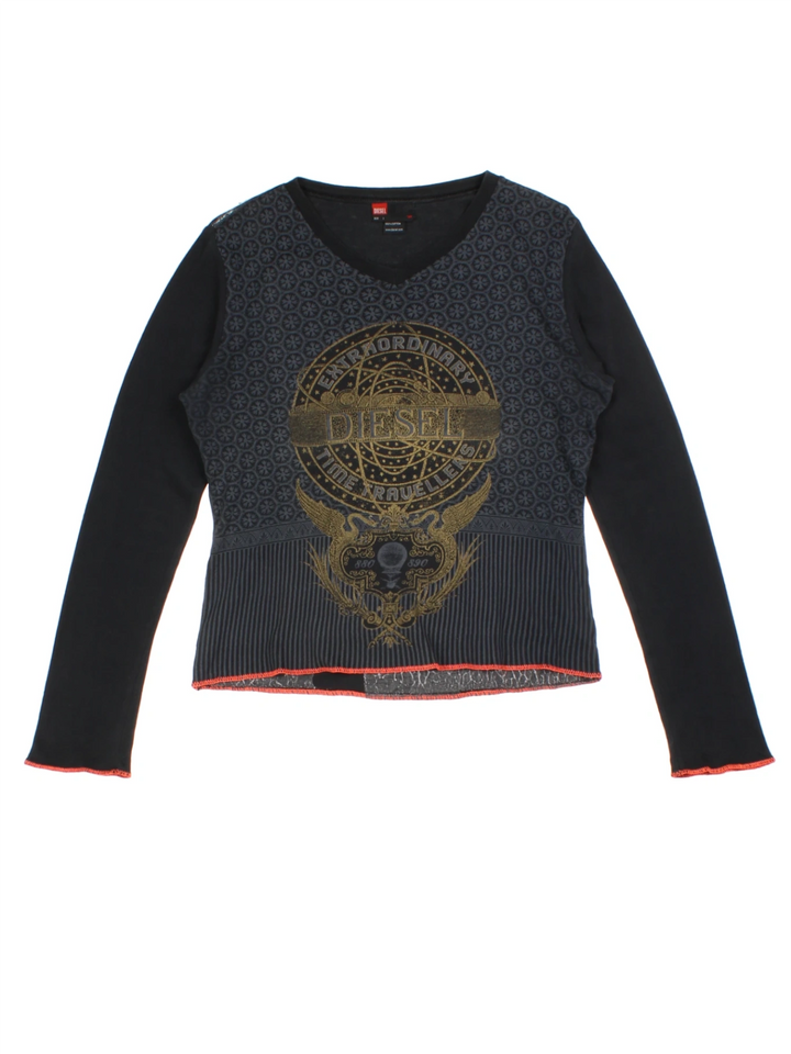 Y2K Diesel Grey Graphic V-Neck Top (Size L)