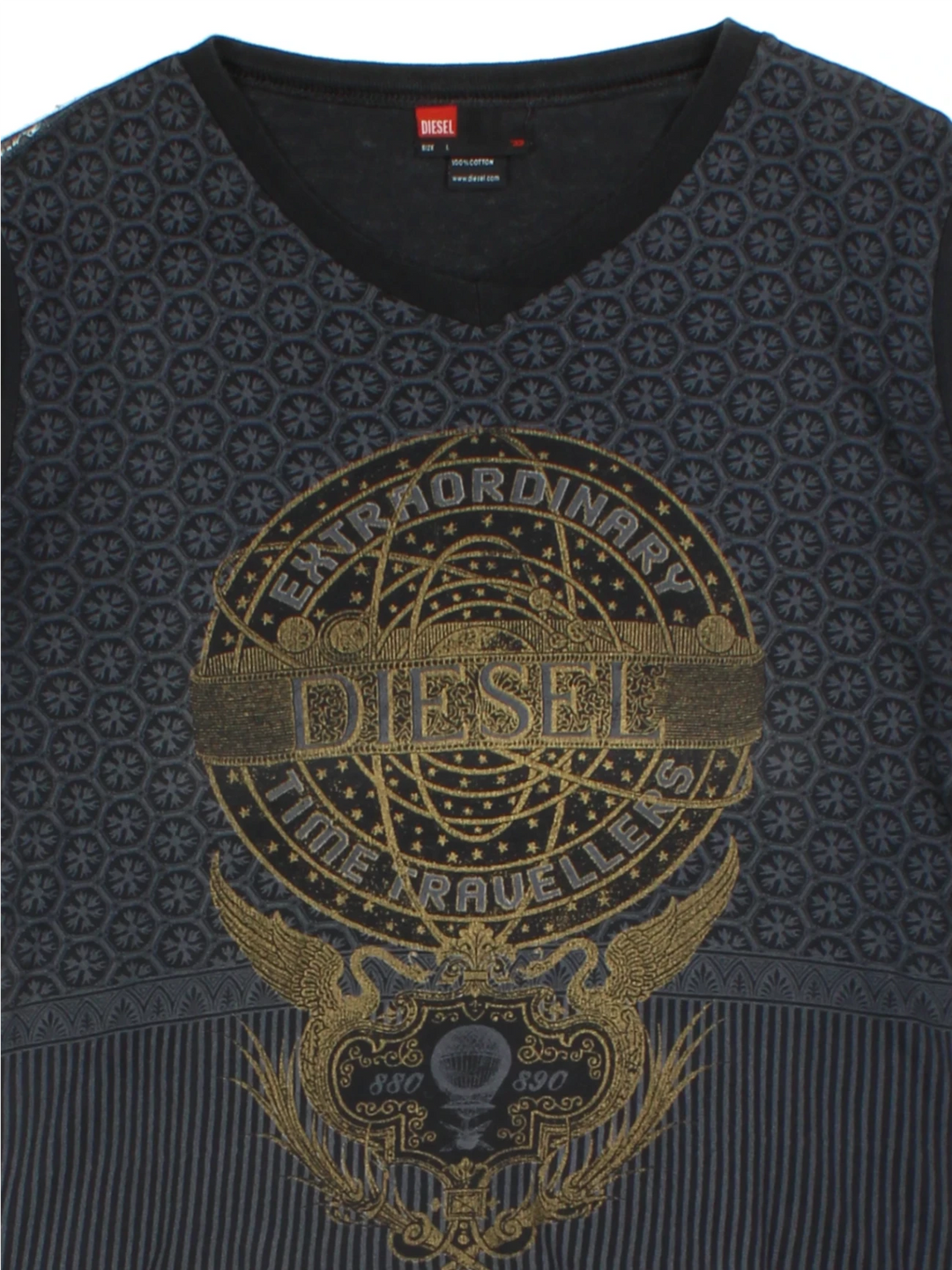 Y2K Diesel Grey Graphic V-Neck Top (Size L)