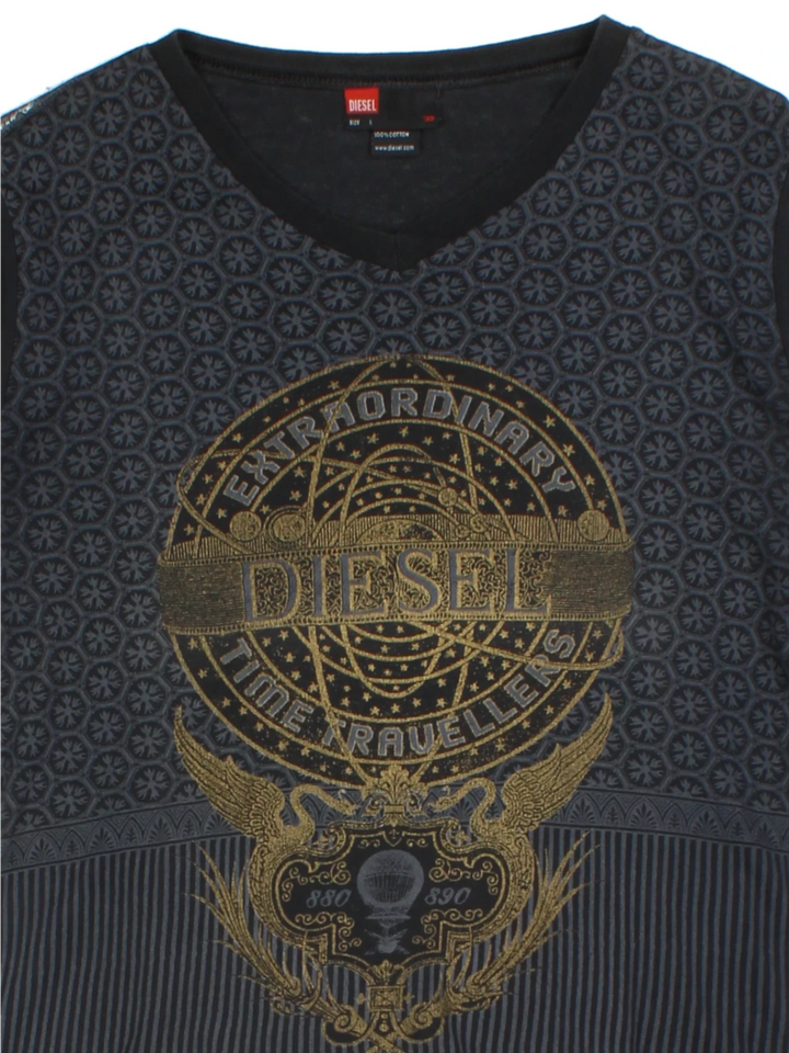 Y2K Diesel Grey Graphic V-Neck Top (Size L)