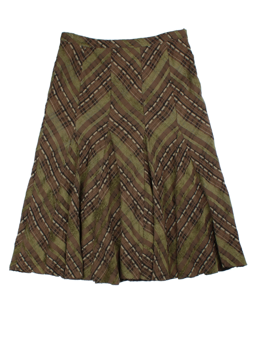 Y2K Brown Chevron Pleated Midi Skirt (Size L)