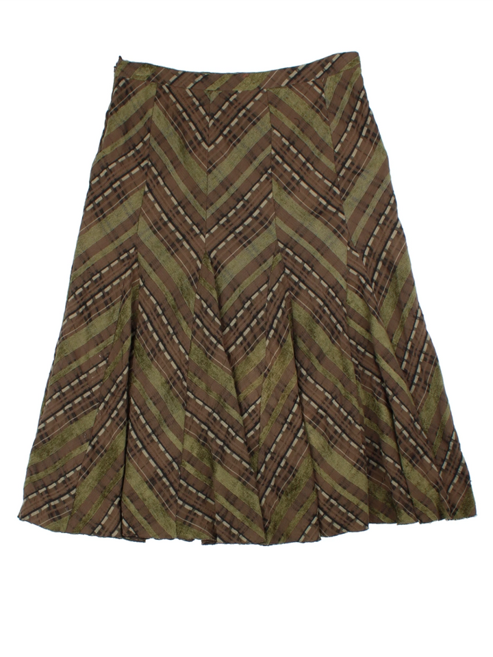 Y2K Brown Chevron Pleated Midi Skirt (Size L)
