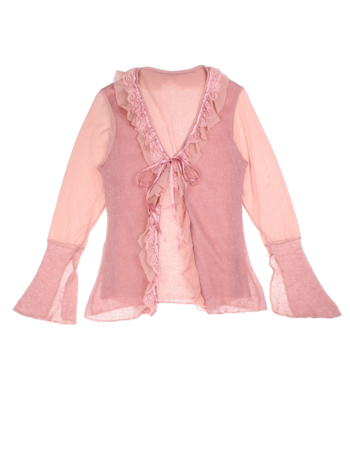 Y2K Pink Mesh Tie-Front Cardigan (Size XXS)