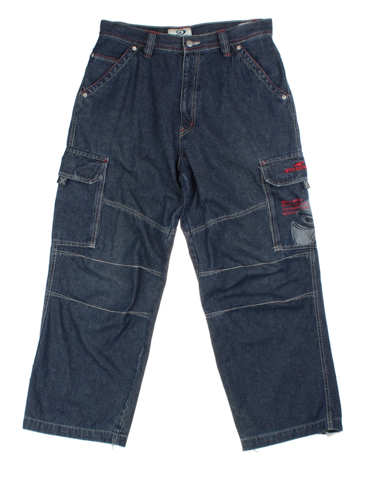 Y2K Blue Graphic Logo Cargo Jeans (Size L)