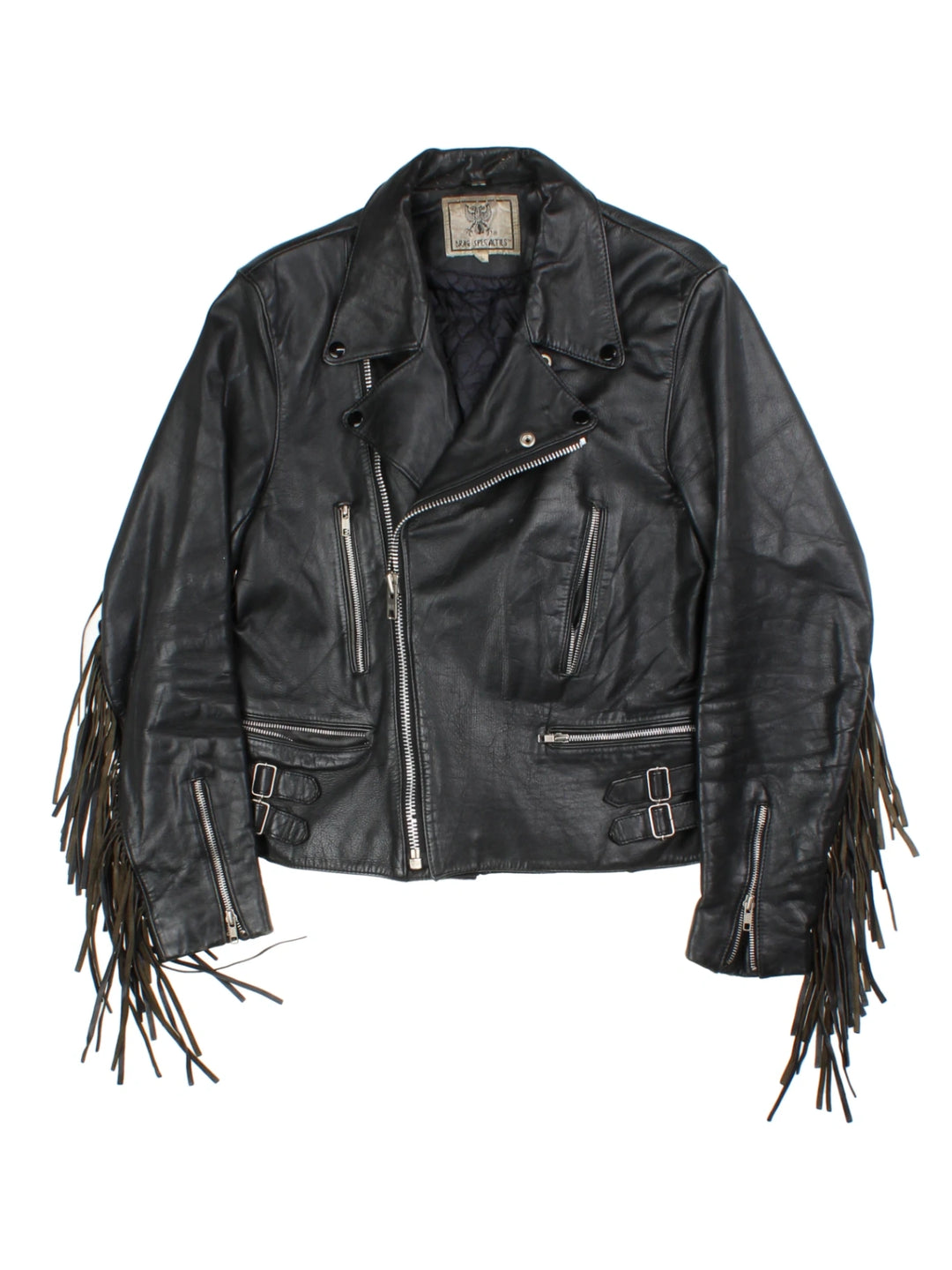 80's Drag Specalties Black Fringe Leather Biker Jacket (Size S)