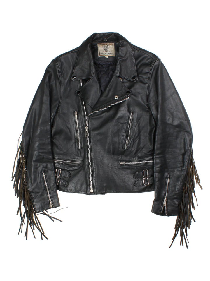 80's Drag Specalties Black Fringe Leather Biker Jacket (Size S)