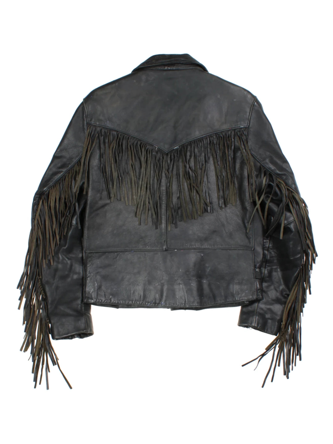 80's Drag Specalties Black Fringe Leather Biker Jacket (Size S)