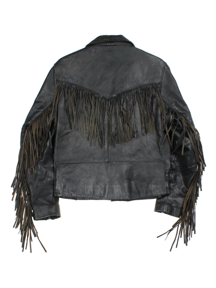 80's Drag Specalties Black Fringe Leather Biker Jacket (Size S)