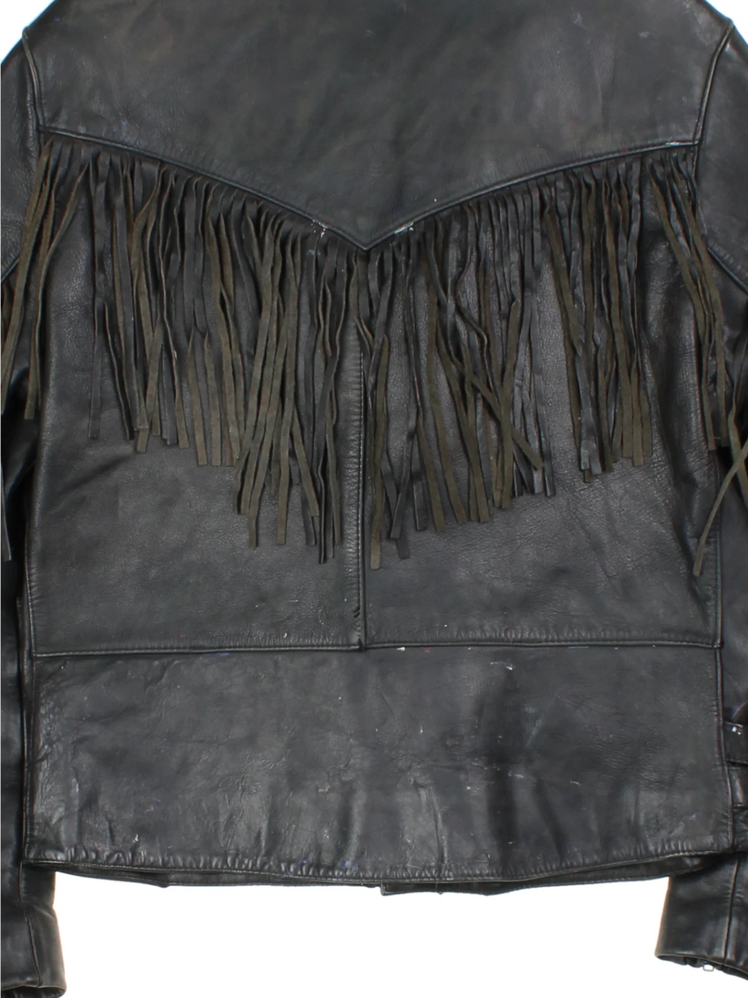 80's Drag Specalties Black Fringe Leather Biker Jacket (Size S)