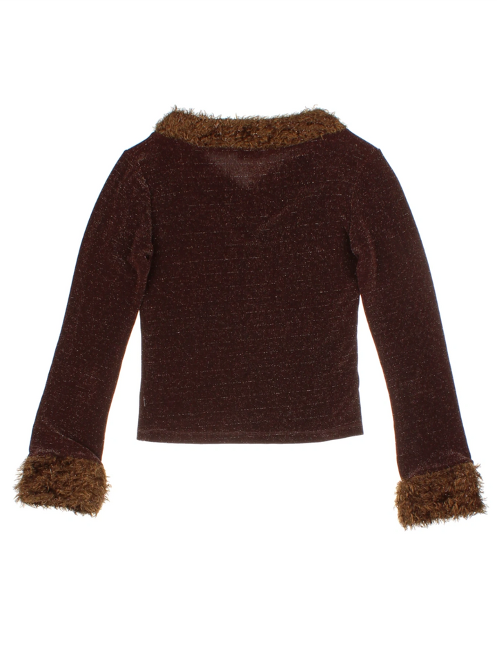 Y2K Brown Faux Fur Trim V-Neck Jumper (Size S)