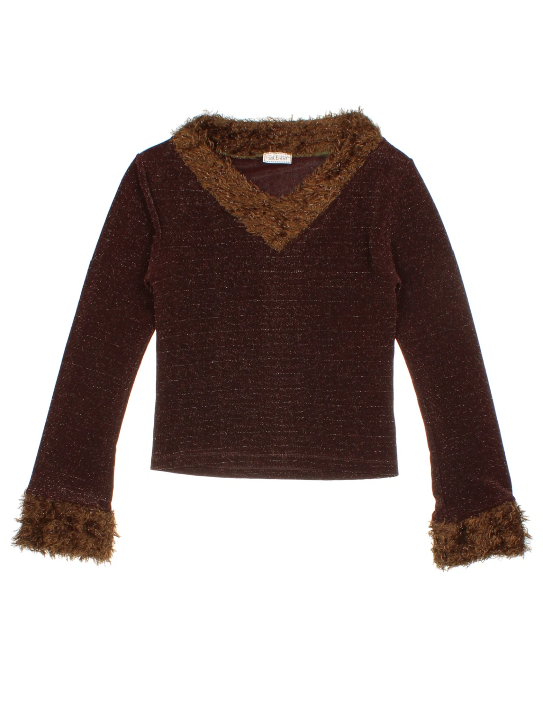 Y2K Brown Faux Fur Trim V-Neck Jumper (Size S)
