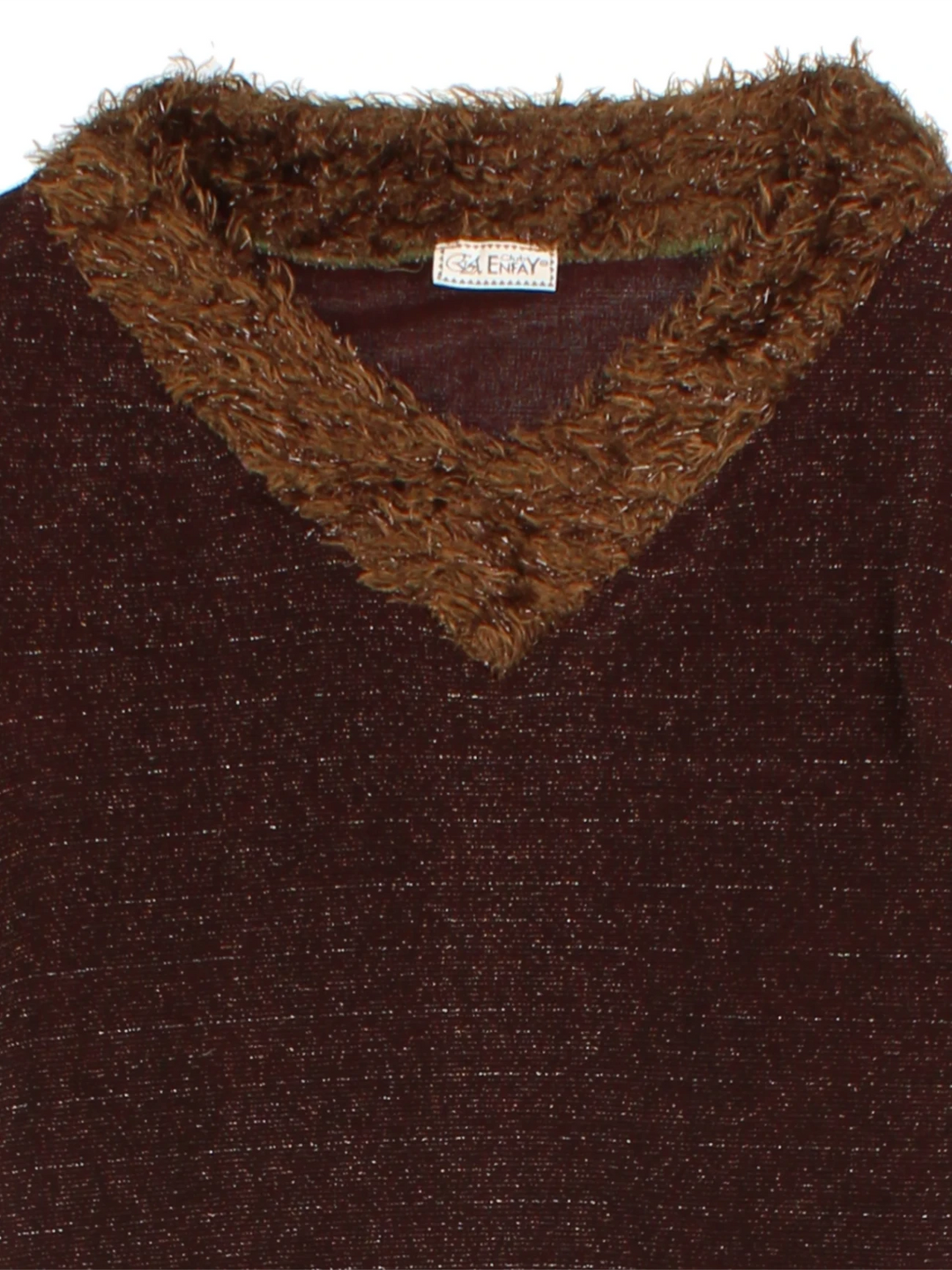 Y2K Brown Faux Fur Trim V-Neck Jumper (Size S)