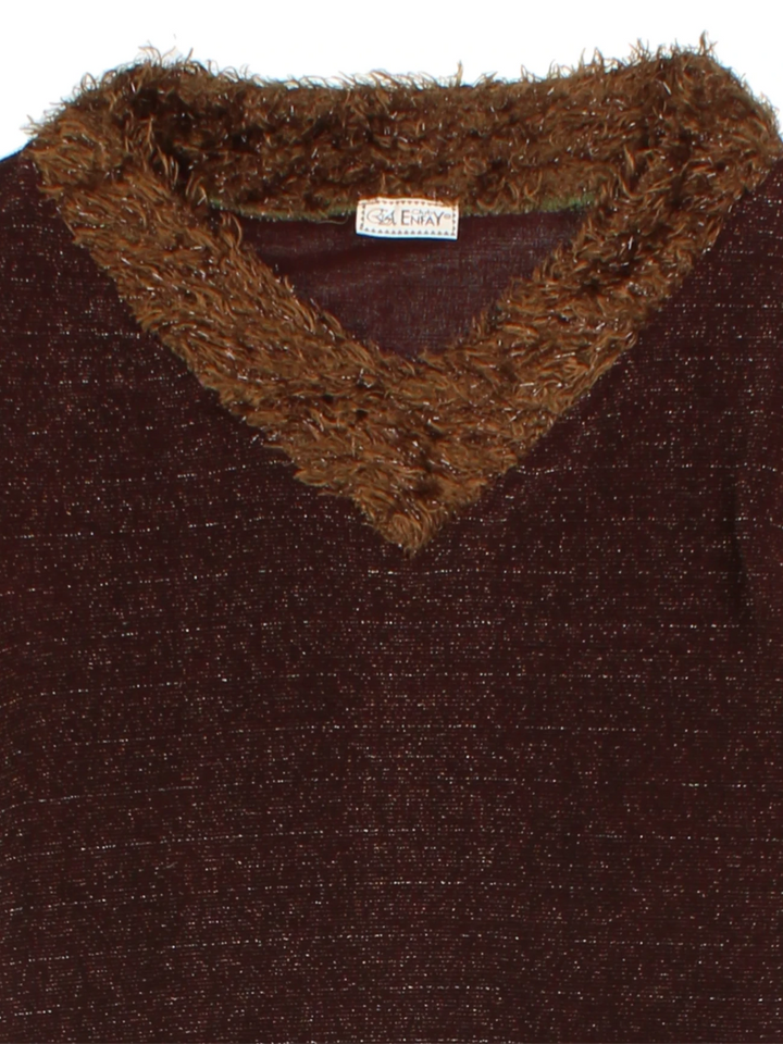 Y2K Brown Faux Fur Trim V-Neck Jumper (Size S)