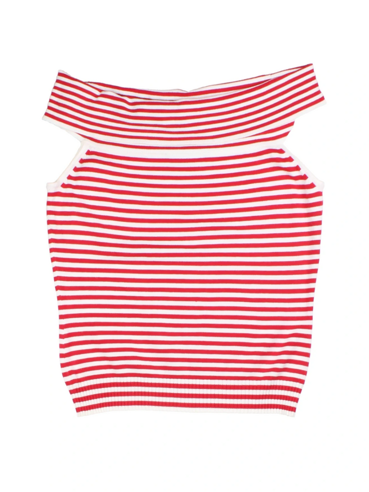 Y2K Red/White Striped Off-Shoulder Knit Top (Size L)