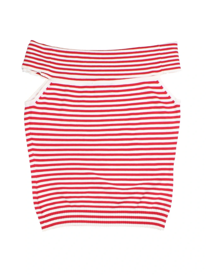 Y2K Red/White Striped Off-Shoulder Knit Top (Size L)